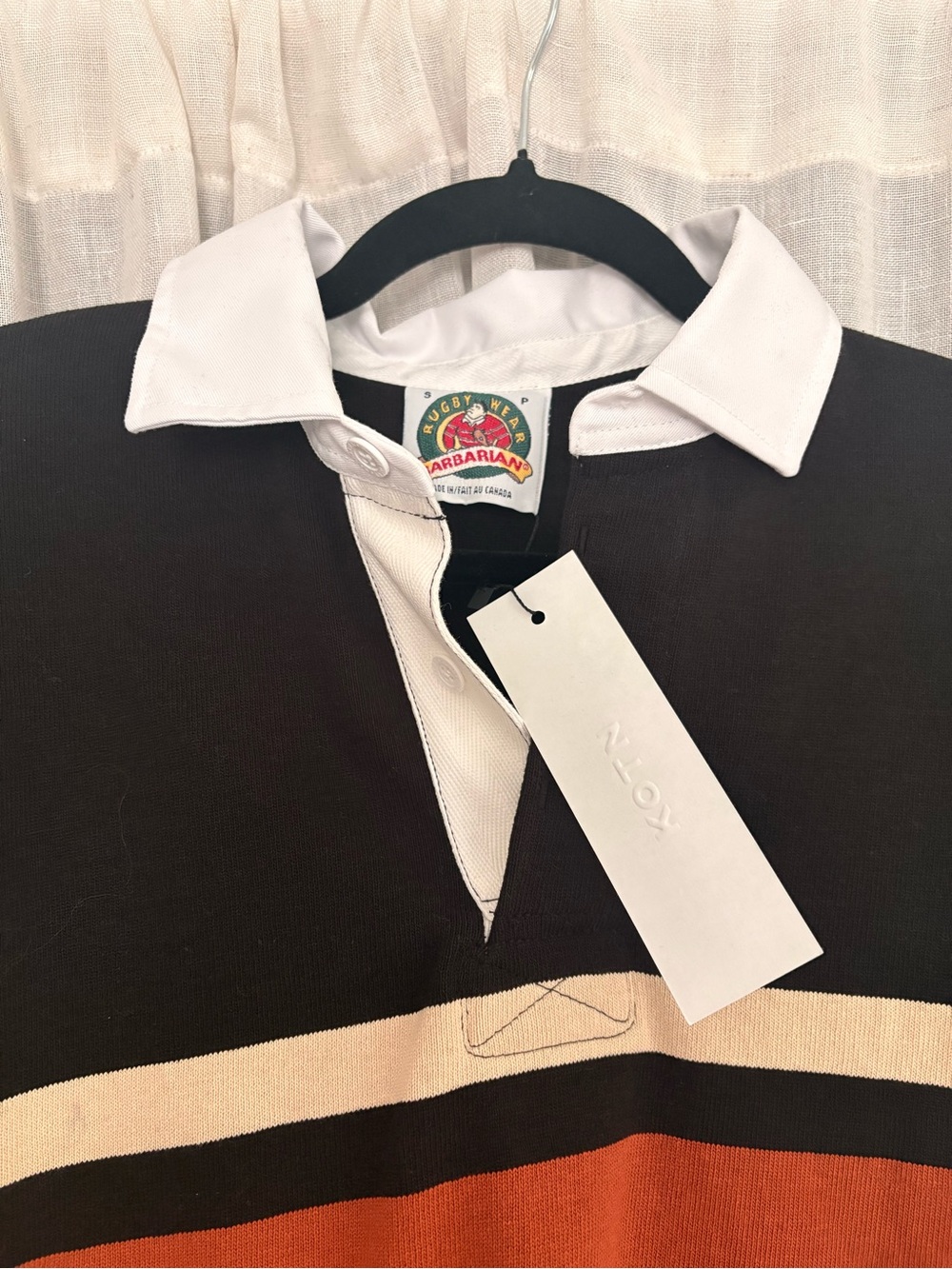 KOTN Black Long Sleeve Rugby Top with Rust and Cream Stripes - Picture 6 of 7